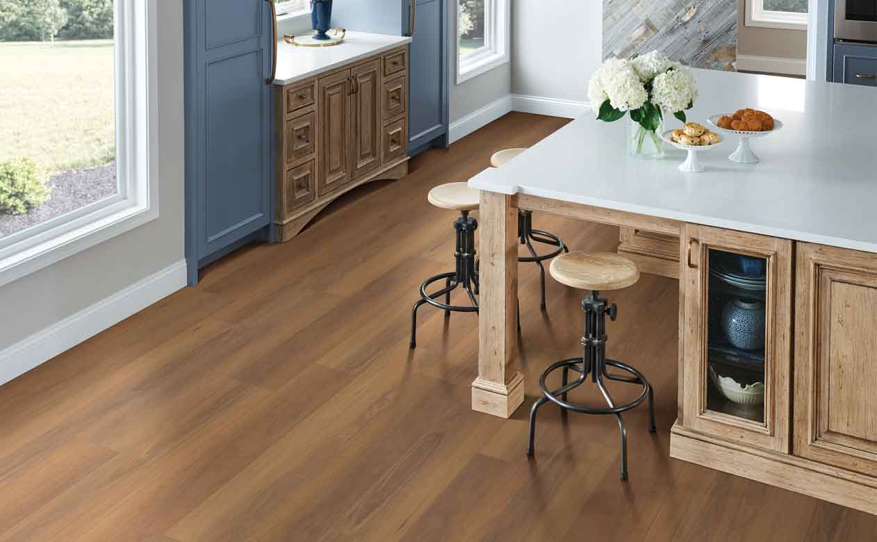 wood look medium toned vinyl flooring in kitchen