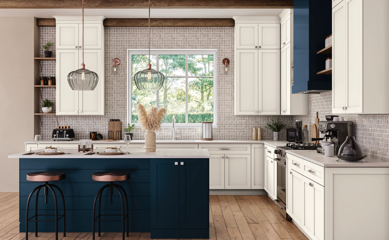Kiba Kitchen with mosaic wall tile and blue island