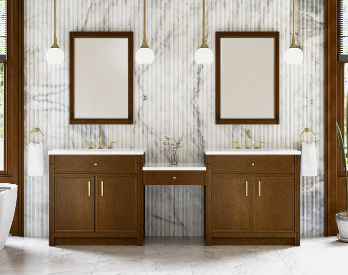 James martin double vanity in a dark shade of wood